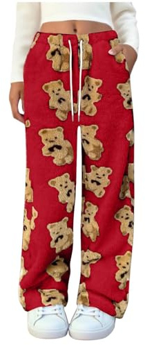 Zeiayuas Fleece Lounge Pants for Women UK Teddy Bear Pyjamas Bottoms Winter Plush Fluffy Pajama Pants Comfy Soft Warm Sleepwear Faux Fur Loose Trousers Girls Cute Print Trousers