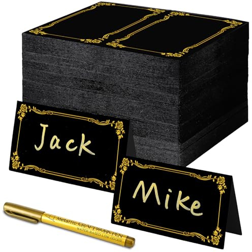 Chenkaiyang 200 Pcs Black Place Cards and Gold Pen for Weddings