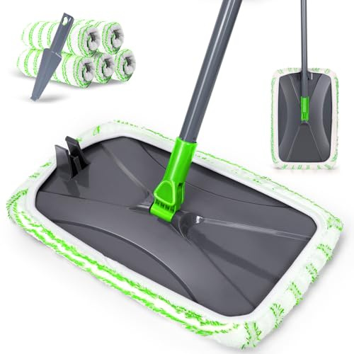 Masthome Microfibre Mop, Flat Mops for Cleaning Floors, Wet Dry Floor Mop with 5 Washable & Reusable Pads, Dust Mops for Laminate Tile Hardwood Floors Bathroom Kitchen Walls-Green