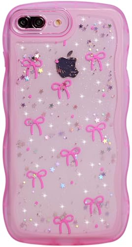 Qokey for iPhone 8 Plus & 7 Plus Case, Glitter Star & Curved Edge Handle Grip Design, Military-Grade Shockproof Clear TPU Cover, Sparkle Protection Scratch-Resistant, Holographic Rose Pink Bow