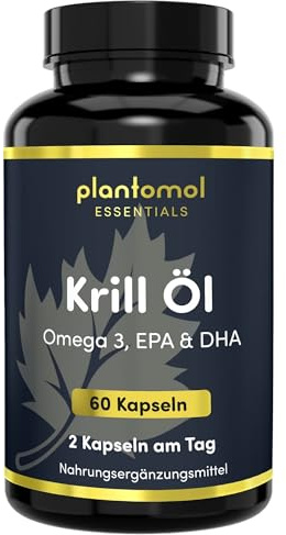 Krillöl Omega-3 Kapseln hochdosiert - Omega-3 Öl - plantomol® Essentials | Antarctic Krill Oil - 1000mg reines Krillöl Kapseln pro Tag, davon 240mg Omega 3 Fettsäuren - Omega 3 EPA DHA hochdosiert