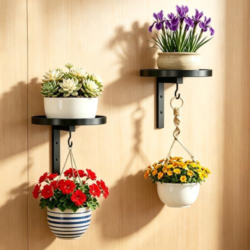2 Pièces Étagère Murale Plante, Support Plantes Mural en Métal avec Crochet Intégré, Support Plante Mural pour Pots de Fleurs, pour Salon Balcon Jardin, Noir, Ø15 cm