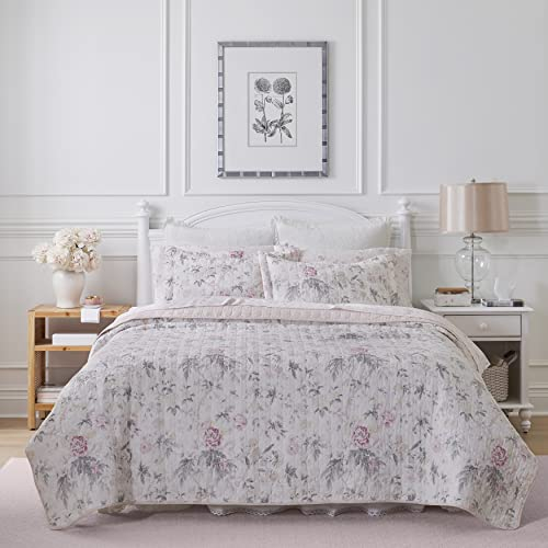 Laura Ashley Doppelbett-Bettbezug-Set, wendbare Baumwoll-Bettwäsche mit passenden Kissenbezügen, leicht, Heimdekoration für alle Jahreszeiten, Rosa (Breezy Floral Pink) und Grau
