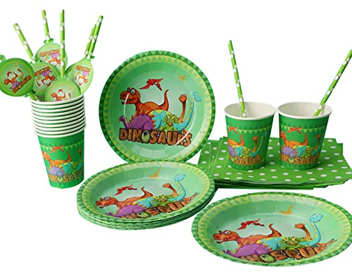 PHOGARY Dinosaurier Geburtstags Party Vorräte, Dient 12, Wiederverwendbar Teller, Tassen, Tischdecken, Servietten, Strohhalme für die Geburtstagsfeier