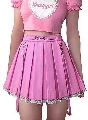 LittleForBig Femme A Line Plissée en PU Faux Cuir évasé avec Bordure en Dentelle-Troublemaker Rose XXXXL
