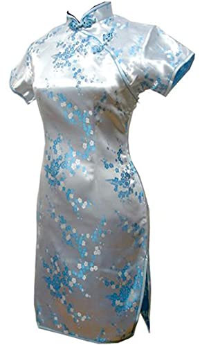 Vintage Dragon et Phénix Short Qipao Élégant Femmes Cheongsam Mandarin Col Sexy Mini Robe Chinoise Oversize Bleu Clair S, bleu clair, S