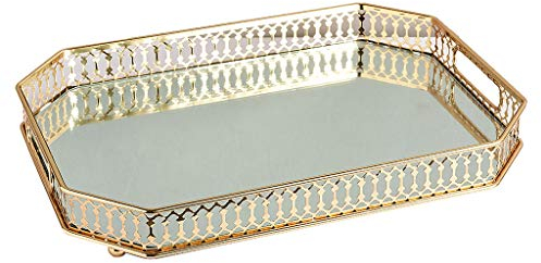 LOVIVER Bandeja rectangular con espejo, bandeja decorativa para servir, bandeja de perfume para tocador, bandeja organizadora de pulseras de tocador, dorado