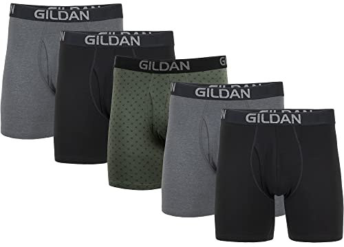 Gildan Mens Cotton Stretch Boxer Briefs, Multipack, Blk/Heather Dark Grey/Green Midnight (5-pack), XL