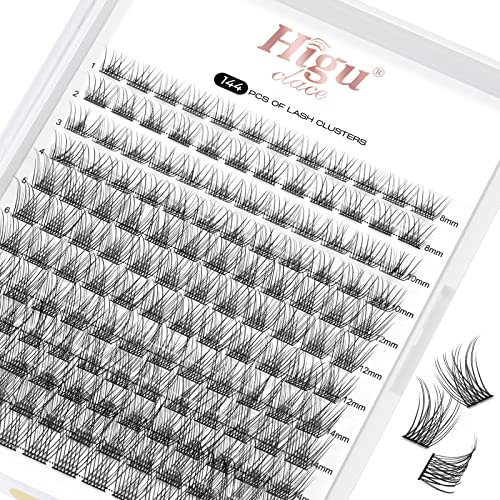 Higu Wimperncluster 144 Stück DIY Wimpernverlängerungen mix8-16mm Cluster Wimpern D Curl natürliche Falsche Wimpern wiederverwendbar zur Selbstanwendung (Nature D 8-16mm)