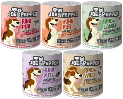 Joe&Pepper 12 x 800g Mixpaket | getreidefreies Hundefutter, Nassfutter für Hunde | regionale Herstellung Made in der Eifel | Mind. 95% Fleisch und 4% Gemüse