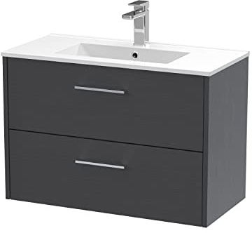 Hudson Reed JNU2226B Juno Modern Bathroom Wall Hung 2-Drawer Vanity with Minimalist Ceramic Basin, 800mm, Woodgrain Graphite Grey