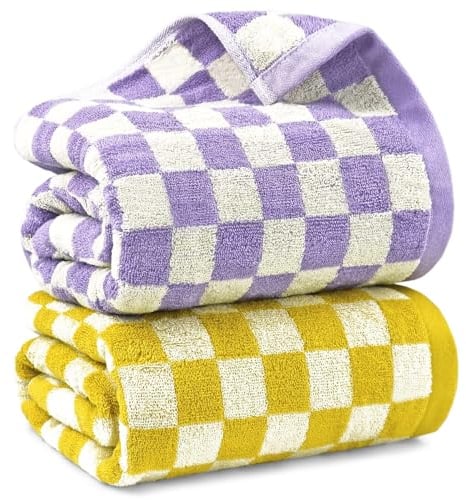 Jacquotha Kariertes Badetuch-Set in Gelb und Lila, weiche, Bunte Badetücher für Badezimmer, Spa, große Duschtücher, 2 Stück, 139,7 x 69,8 cm, dünne, schnell trocknende Handtücher für Strand Pool