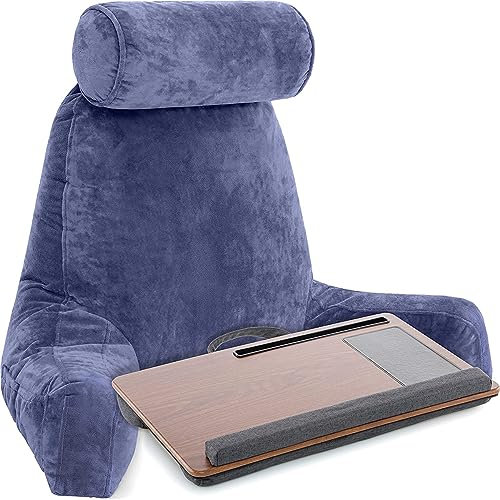 PiurUf Lesekissen Kombination Aus Kissen Für Den Ehemann Rückenlehnenkissen Mit Armlehnen Lesekissen Aus Memory Schaum Für Das Bett Mit Abnehmbarer Nackenrolle Und Laptop Betttablett,Blau