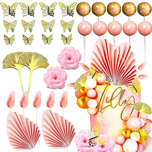 JeVenis Rose Gold Tortendekoration Rosa Rose Tortenaufleger Schmetterling Palmenblätter Rosa Kugeln Tortendekoration für Hochzeit Brautparty Geburtstag