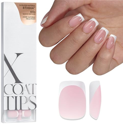 BTArtboxnails XCOATTIPS French Tip Nails - Short Press On Nails, 160 Pcs Pink Square Soft Gel Nail Tips Pre-applied Tip Primer & Base Coat, No Need File False Nails for Gift, 16 Sizes