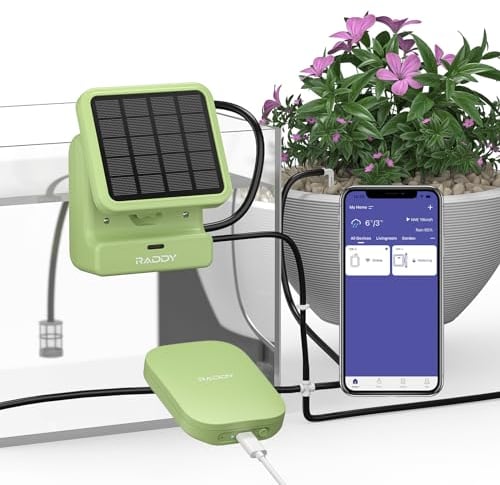 Raddy WS-2 WiFi Automatisches Bewässerungssystem, Solar-Drip-Bewässerungsset mit Pumpe, APP-Fernbedienung, Wassertimer für Balkon, Garten, Kübelpflanzen