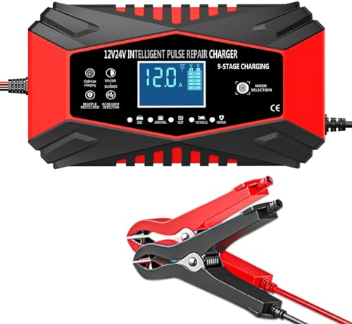 TEISQI Chargeur de batterie de voiture de 12 A, 12 V et 24 V intelligent entièrement automatique avec compensation de température pour camion, moto, tondeuse à gazon, bateau, batteries marines au