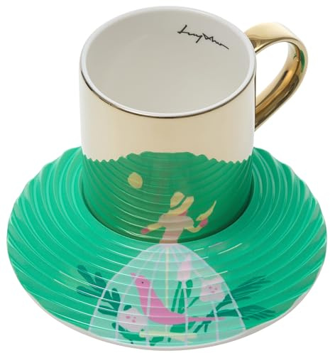 Luycho x Oyow Lovers-02: Keramik Tasse mit Untertasse, 8.5 oz, Gewellt, Texturiert, Streifig, Isoliert, Wiederverwendbar, Zuhause, Heißgetränke, Geburtstag, Tiere, Geblümt, Liebe, Vogel