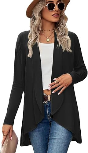 eyes Plus Size Cardigans for Women Ladies Hanky Hem Jersey Open Waterfall Boyfriend Womens Cardigan Top Full Long Sleeve Floaty Duster Jacket Coat Blazer Black-20