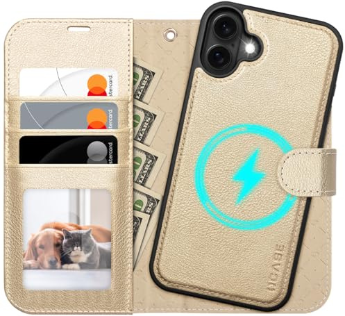 OCASE iPhone 16 Hülle(2in1) Leder Stoßfestes Case, Abnehmbare magnetische Hülle, MitHandschlaufe, Kabelloses Laden, Kartenfach, Standfunktion, Handyhülle RFID Schutzhülle Klapphülle Golden
