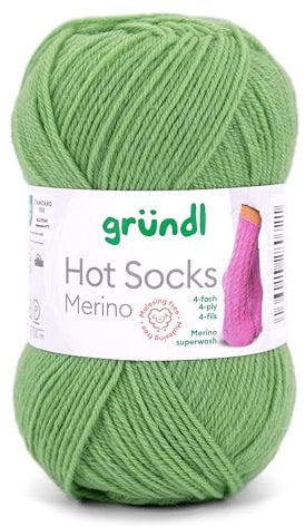 Gründl Hot Socks Merino, Sockenwolle grün mit Merinowolle, Strumpfwolle 4-fädig 50g / 200m, Sockengarn 4fädig uni einfarbig (08 grasgrün)