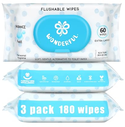 WONDERFUL Flushable Butt Wipes, Unscented 100% Plant-Based Wet Wipes for Adults & Kids, Sewer & Septic Safe, Gentle for Sensitive Skin, Wipes Flushable Pack for Bathroom & Travel, 3-Pack (180 Count)