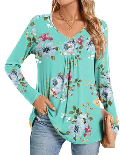 Aodemo Womens Fall Long Sleeve Tunic Tops V-Neck Pleated Blouse Casual Basic Shirt L, Mint Green