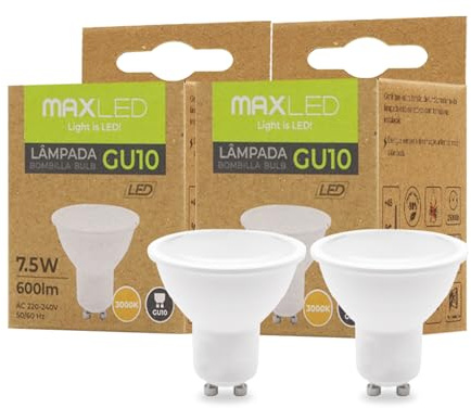 Maxled, Light is Led! GU10 LED Lampe 3000K Warmweiss Glühbirne 600 Lumen Strahler 7.5W Ersetzt 55W Halogenlampen LED-GU10 Spotlight, Abstrahlwinkel 100° Leuchtmittel Nicht Dimmbar Birne 230V 2 Stück