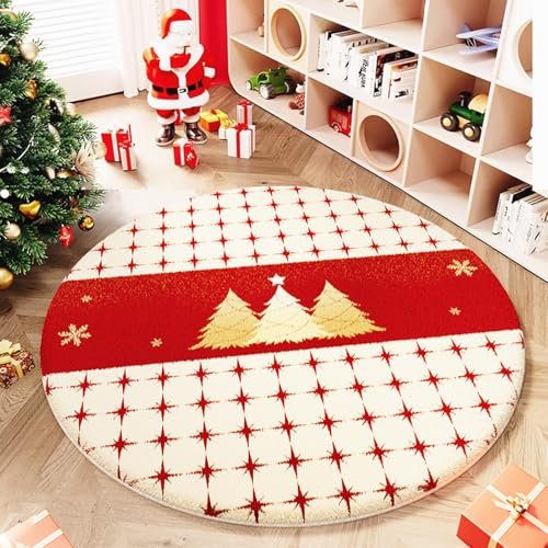 Highdi Teppich Rund 40/60/80/100/120 cm Durchmesser Rot Weihnachtsteppich Wohnzimmer Flauschig Weich Teppiche rutschfest Grün Runder Teppich Weihnachtsteppich für Schlafzimmer (100cm,Goldene Sterne)