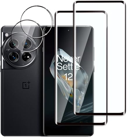 Jinshiweikai Lot de 4, 2 x Verre Trempé pour OnePlus 12 et 2 x Protection Ecran Caméra Arrière,3D Incurvé Couverture,sans Bulles d'air,Dureté 9H Glass,Compatible OnePlus 12