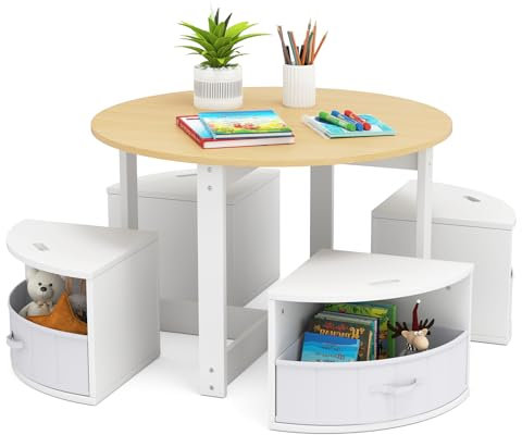 DREAMADE Kindertisch mit 4 Stühlen, Kindersitzgruppe mit 4 Hockern & 4 Stoffboxen, Kinder Tisch Stuhl Set, Kinder Maltisch Aktivitätstisch Set Kindermöbel für Kinderzimmer, Spielzimmer (Natur)