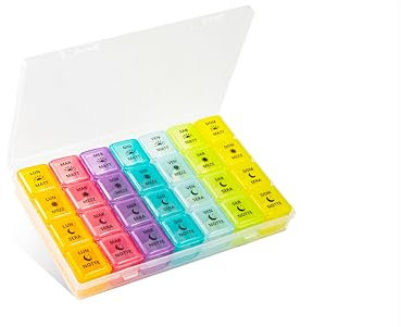Portapillole Settimanale 28 Scomparti, Multicolore, Grande Formato con stampa in ITALIANO, BPA Free, Organizer Giornaliero Mattina/Pomeriggio/Sera/Notte