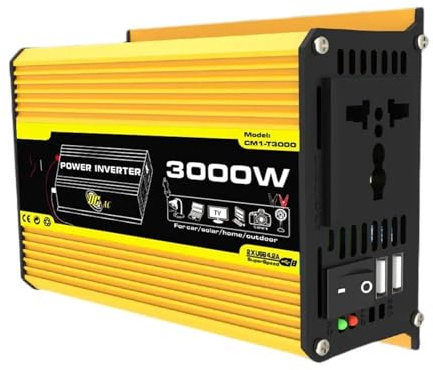 Convertisseur Onduleur Intelligent 12 V CC vers 110/220 V CA Double Port USB Transformateur Tension pour Voiture 3000 W pour Camping-Car Et Caravane(12V to 220V Yellow)