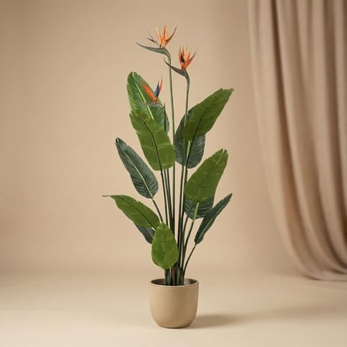 urbanjngl - Strelitzia Kunstpflanze mit Blumen – 120 cm – Dekorative Pflanze in schwarzem Topf für Innen- und Außenbereich, pflegeleicht und langlebig