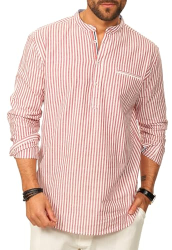 behype. Herren Leinenhemd als Langarmhemd Gestreift - Freizeithemd im Regular-Fit mit Henley Stehkragen Sommerhemd - Strandhemd im Sommer-Look für Männer