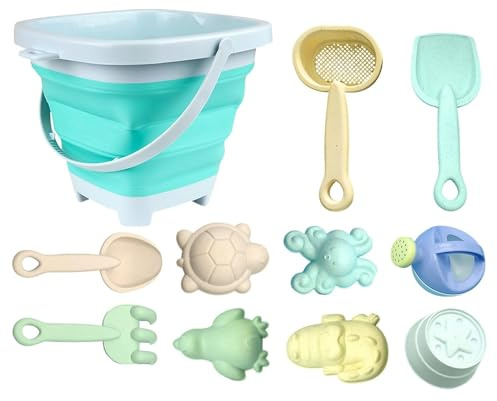11PCS Sandspielzeug Sandspielzeu set Strandspielzeug Kinder,Silikon Strand Spielzeug, Sandkasten Spielzeug mit Faltbares Eimer,Sandschaufel,Sandformen,Gartenspielzeug,Sandspielzeug für Kinder (Grün)