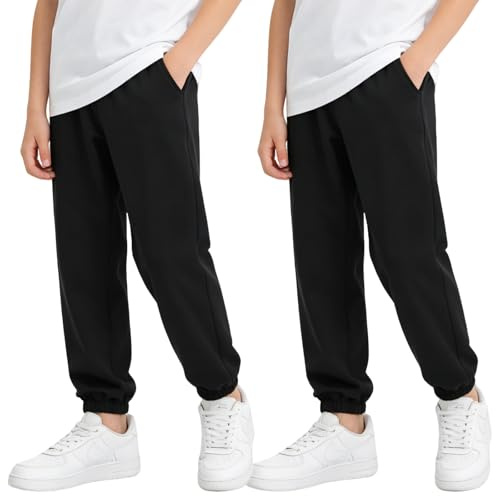 BBXWANG 2 Pairs Boys Joggers, Black Joggers Boys Tracksuit Bottoms Cuffed Pants for Kids Sports Activewear, Age 3-13 Years (UK, Age, 8 Years, 9 Years, Regular, Black)