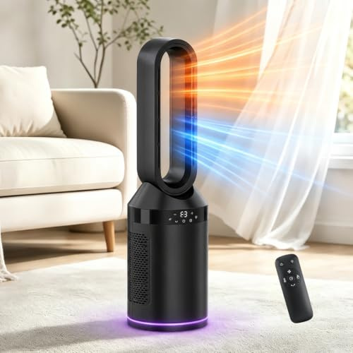 MoraRise Bladeless Tower Fan Heater, Hot and Cold Fan with Remote, 7-Colour LED, 70° Oscillating Space Heater for Home Bedroom Office, Quiet Cooling & Heating (Black, 80cm)