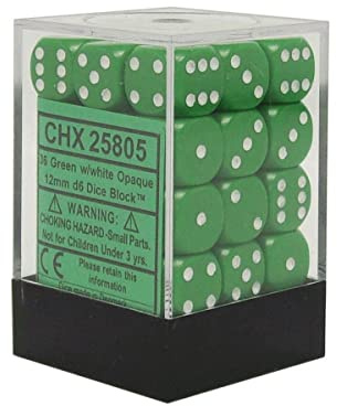 Chessex Opaque 12mm d6 with pips Dice Blocks (36 Dice) - Green w/White