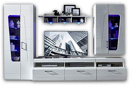 Stella Trading SPIRIT PLUS Wohnwand Komplett-Set in Hochglanz Weiß - Moderne Schrankwand mit blauer LED-Beleuchtung für Ihr Wohnzimmer - 330 x 209 x 47 cm (B/H/T)