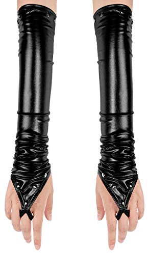 YOOJIA Damen Punk Wetlook Handschuhe Lange Fingerlos Lack Optik Armstulpen mit Nieten Gogo Tanz Kostüm Night Club Party Accessories A Schwarz Gesamtlänge 52 cm
