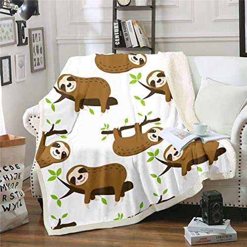 Faultier Couchdecke Nettes Tiermuster Kuscheldecke Karikatur Faultier Gedruckt Wohndecke für Stuhl Sofa Couch Raumdekor Leichte Äste Flanell Fleecedecke 150x200cm