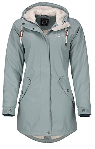 Dry Fashion Damen Regenmantel Malmö - Frauen Regenjacke Jacke mit Kapuze Lang Winddicht Wasserdicht Gefüttert mit Teddyfleece in Pastellblau Größe 52