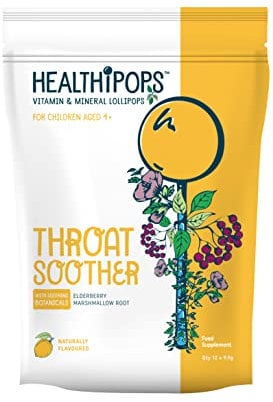 Healthipops Vitamin & Mineral Lollipops Throat Soother Suitable for Ages 4+ with Added Soothing Botanicals, Elderberry and Marshmallow Root, Lemon Flavour 12 Lollipops