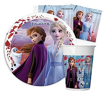 Isola Party Kit festa di compleanno Frozen II per 8 persone eco-friendly (8 piatti di carta ⌀ 23 cm, 8 bicchieri di plastica 200 ml, 20 tovaglioli di carta 33x33 cm)