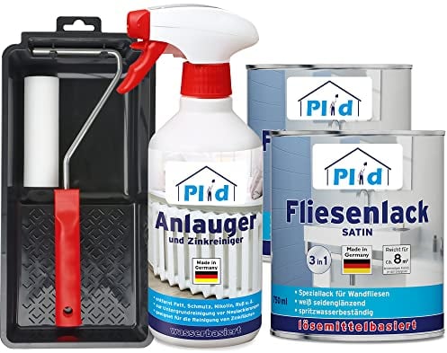 Plid® Fliesenfarbe Badezimmer & Küche [FEUCHTIGKEITSBESTÄNDIG] Fliesenlack Weiß Satin 1,5l fürs Bad - Fliesen neu streichen & lackieren im Innenbereich - 3in1 Fliesen Farbe Lack - Made in Germany