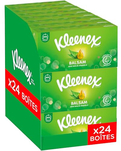 KLEENEX - Mouchoirs boîte Balsam (24 boites de 64 mouchoirs) - dépose un baume protecteur qui apaise vos nez idéal en cas de gros rhumes - Fabriqué en France