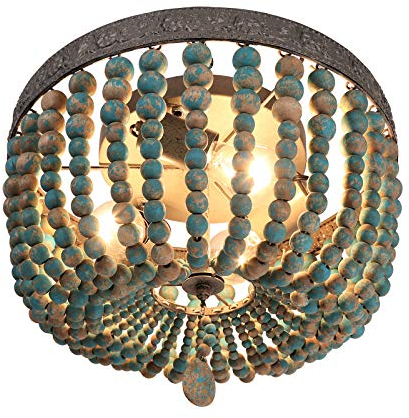 FIRVRE GrauBlau Natürlich Holzperlen Kronleuchter Bohemian Vintage Rustikale Boho Deckenleuchte Bauernhaus E27 Pendelleuchte Licht für Esszimmer Schlafzimmer Flur Treppe KüCheninsel Eingangsbereich