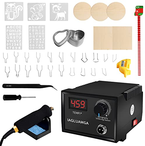 Pyrographie Machine Lötkolben Set, 60 W LCD-Holzbrenner-Set, Temperatur einstellbar, mit 21 Pyrographie-Drahtspitzen für Holz, Leder, Kürbis