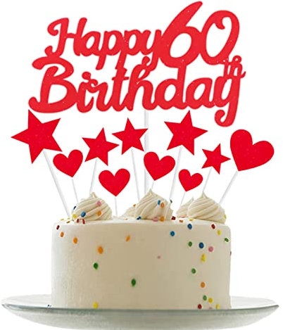 Personalised Happy 60th Birthday Cake Toppers Red Cake Decorations for Women,Her,Lady 601th Birthday Cake Cupcake Topper, Glitter Cakes Banner Decoration for 60 Birthday Anniversary Party Supplies